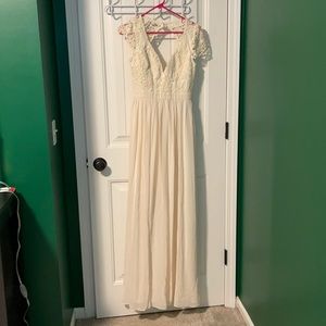 Small Beige long open back, lace dress NWT